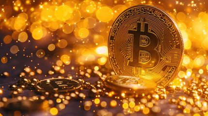 big bitcoin, gold coin, cryptocurrency on an abstract background with orange glow with bokeh