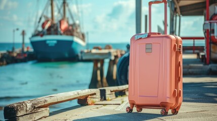 Fototapeta na wymiar Peach suitcase on the pier, ship in the background