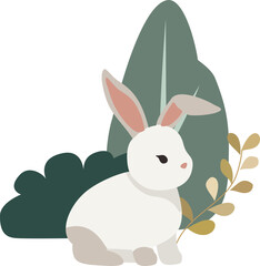 A rabbit and bushes and grasses on transparent background, isolated elements vector
