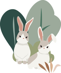 two Rabbits and bushes and trees on transparent background, isolated elements vector