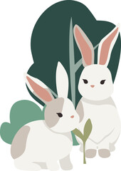 two Rabbits and bushes and grasses on transparent background, isolated elements vector