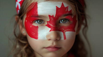 portrait of a girl with a Canadian flag and a red maple leaf on her face near her eyes