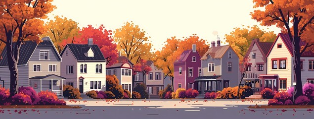 A peaceful autumn scene captured in a vibrant outdoor painting, featuring a row of charming houses with tall trees standing proudly in front, under a beautiful sky