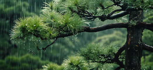 Japanese garden with pine trees. - obrazy, fototapety, plakaty