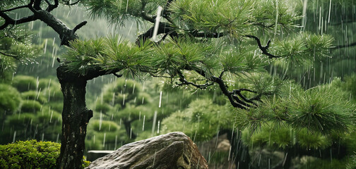 Japanese garden with pine trees. - Powered by Adobe