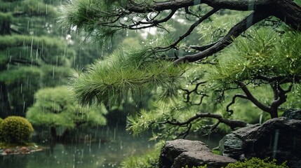 Japanese garden with pine trees.