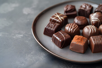 chocolate candies in a box. box of candies. plate with cookies, chocolate bars