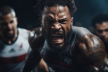 Intense rugby encounter. capturing the determination of a player in a high-action sports moment