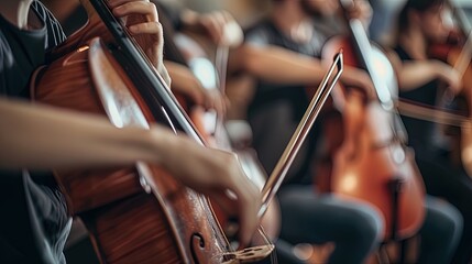 group of young people playing cello in music school, ai generative