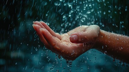 Fototapeta premium Close up of woman hand under rain drops on blurred background, ai generative