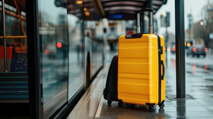A yellow travel suitcase stands on the bus stop. City transport and travel concept
