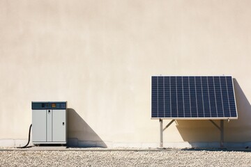 Front view of solar panels, batteries leaning on a beige white wall with no person using renewable energy.