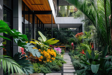 a modern house with many tropical plants and flowers garden