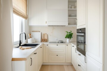 Classic Scandinavian minimalist kitchen in white and beige.