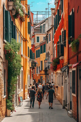 Fototapeta na wymiar street in the old town. Venice, Venetian street. Old European city. Small village. Italy, France, Prague, Poland. Spanish or Spain town. Summer, old city district. Vertical, portrait photo