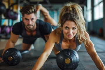 A couple exercises with one woman and the rest of her handsome muscles stand out gently. Do planks on kettlebells and lift weights.