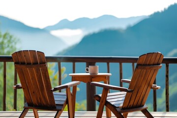 Fototapeta premium Nature view with two chairs on a wooden table. Have a cup of coffee on the balcony with a view of nature and mountains.