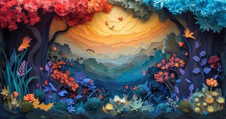 A vibrant modern artwork, using acrylic paint, depicts a paper cut out of lush trees and plants floating in a surreal reef-like setting