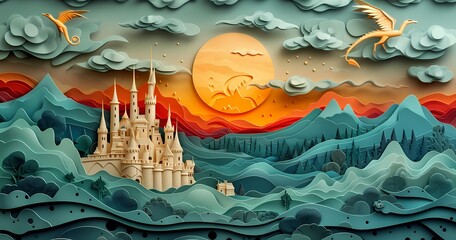 Obraz na płótnie Canvas A whimsical jigsaw puzzle of a cartoon castle nestled among the majestic mountains, brought to life with vibrant colors and intricate details through the art of painting and drawing