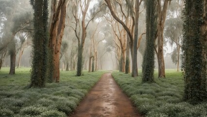 Fototapeta premium treelined pathway, eucalyptus grove, wedding backdrop, maternity backdrop, photography backdrop, pathway, 