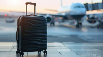 A black travel suitcase stands at the airport, an airplane is in the background. Tourism and travel concept
