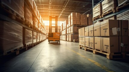 Organized logistics, Hand pallet truck carrying cardboard boxes in storehouse