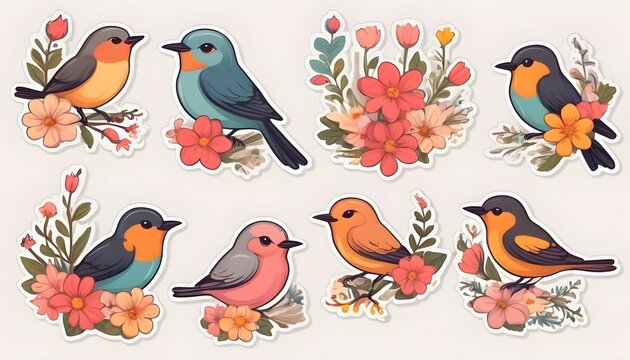 Cute little birds whit flowers