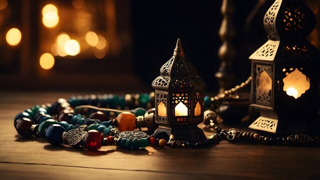 Capture images of traditional symbols associated with Ramadan, such as the crescent moon, mosques, lanterns (fanous), dates, and prayer beads (tasbih)