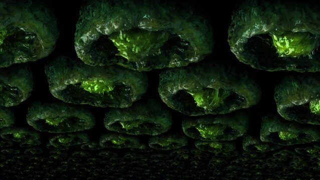 Mutant Green Creatures Writhing On Cave Roof
