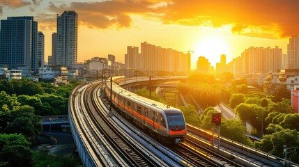 Fototapeta na wymiar Passenger subway train traveling at a city in sunset.