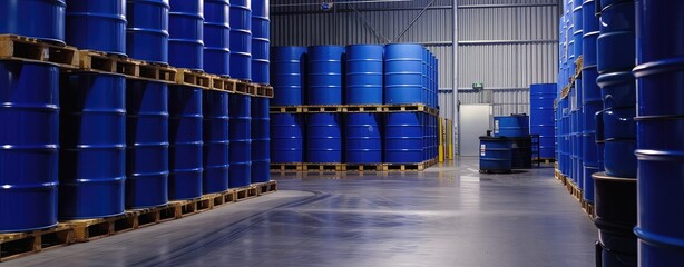 Large blue barrels sit on pallets in warehouse.