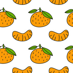 Seamless pattern with doodle tangerine fruits an slices.