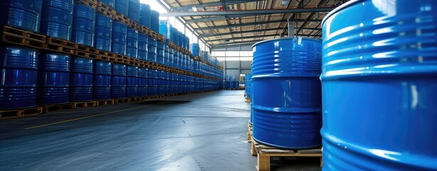 Large blue barrels sit on pallets in warehouse. - obrazy, fototapety, plakaty