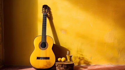Yellow guitar and yellow wall - obrazy, fototapety, plakaty