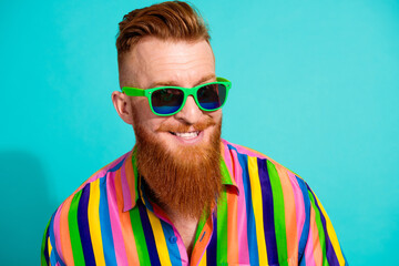 Portrait of handsome cheerful boyfriend in hipster shirt toothy smiling wear sunglasses rayban...