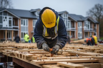 Skilled construction worker in yellow helmet building solid and sturdy frame houses