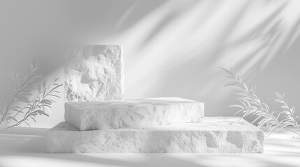 White pieces of Stone wall with broken textured edges, debris stone slabs for product display background. 