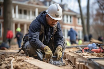 Hardworking immigrant carpenter in helmet and overalls building sturdy frame houses