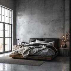 Luxury bedroom interior. Morning sun beams coming through the window.