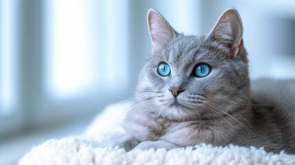 A gray beautiful cat with blue eyes lies on a white soft bedding for pets. A beautiful cat is resting, lounging on a soft bed in a warm apartment. Animal care concept