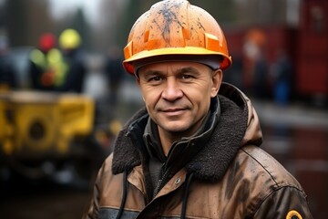 Close-up portrait of adult male construction worker in safety helmet and overalls outside