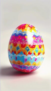 Easter egg with a colored pattern on a light backdrop. Concept of Easter egg hunt, holiday tradition, seasonal decoration, artistic craft, festive egg painting. Vertical format.
