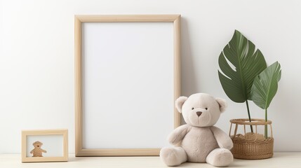 white rustic wooden blank frame mock-up on a white wooden baby shelve