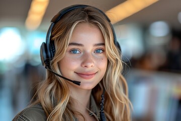 A cheerful manager in an office, wearing a headset, providing support and assistance to customers.