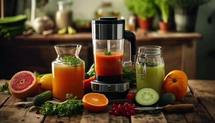 Fresh vegetable juice with blender on the table