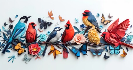 A vibrant display of nature's delicate beauty, as colorful birds and graceful butterflies perch upon a feather-adorned branch in this stunning work of art