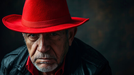 Fototapeta premium Cheerful confident senior man in a stylish red hat on a black background, studio. Elderly man in a red hat on a black background.