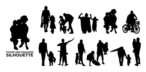 Father and daughter silhouette vector, suitable for various designs related to family, relationship, happiness, childhood, fathers day,  togetherness, parenthood, childhood memory or holiday themes.