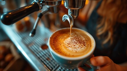 A close-up of a barista crafting latte art in a cozy, independent coffee shop, symbolizing artisanal skills 