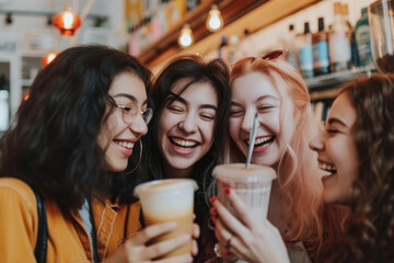 happy group of girl friends have fun at a coffee shop